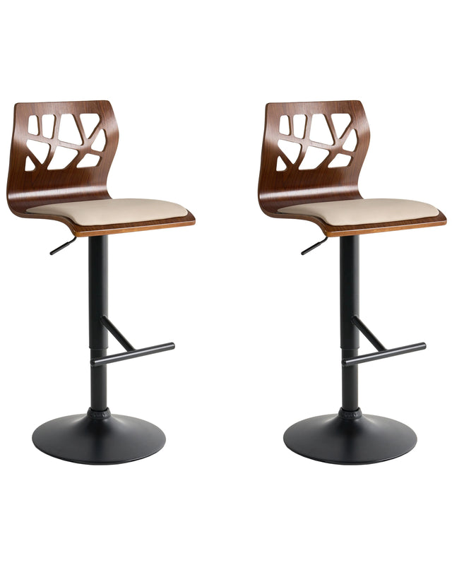 Set of 2 Bar Stools Dark Brown with Beige and Black Leg Faux Leather Footrest Swivel Gas Lift Adjustable Height Modern Beliani