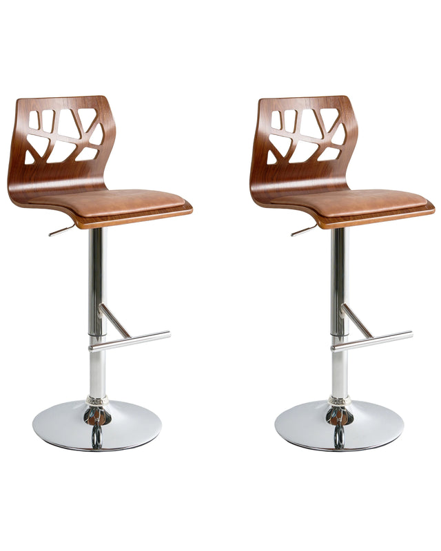 Set of 2 Bar Stools Dark Brown with Silver Leg Faux Leather Footrest Swivel Gas Lift Adjustable Height Modern Beliani
