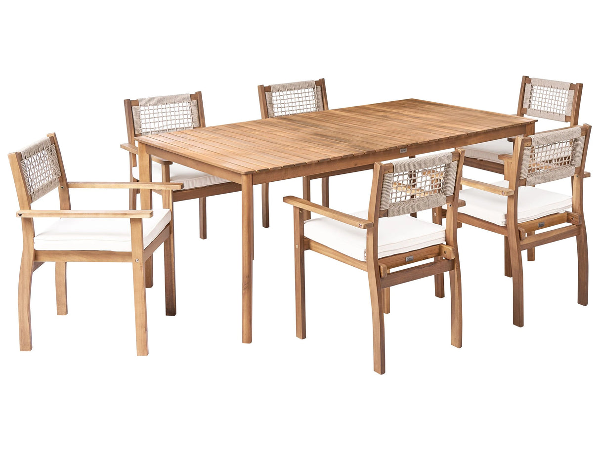 Garden Dining Set 6 Chairs and Table Light Brown Certified Acacia Wood Rectangular Top Rustic Style Outdoor Beliani