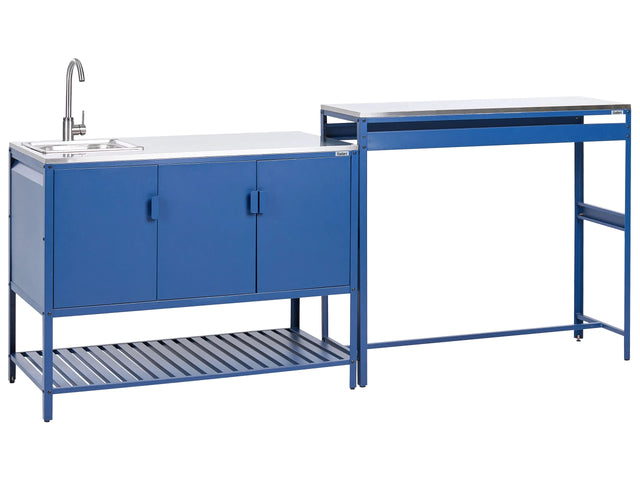 Outdoor Kitchen Cabinet Blue Stainless Steel 3 Door Unit with Top Garden Kitchen Dining Beliani