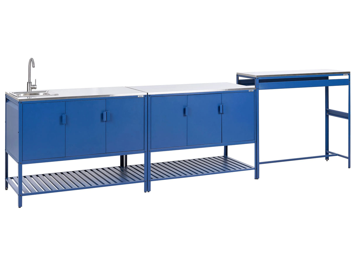 Outdoor Kitchen Cabinet Blue Stainless Steel 3 Door Unit with Top Garden Kitchen Dining Beliani