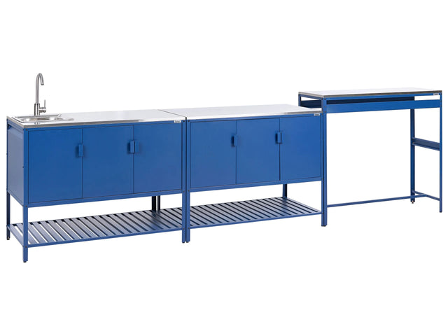 Outdoor Kitchen Cabinet Blue Stainless Steel 3 Door Unit with Top Garden Kitchen Dining Beliani