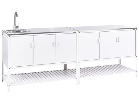 Outdoor Kitchen Cabinet White Stainless Steel 3 Door Unit with Top Garden Kitchen Dining Beliani