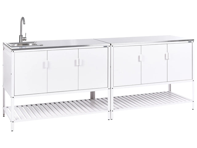 Outdoor Kitchen Cabinet White Stainless Steel 3 Door Unit with Top Garden Kitchen Dining Beliani
