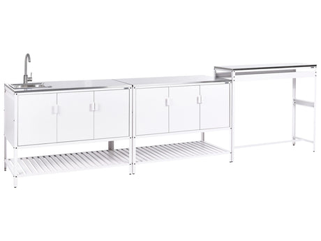 Outdoor Kitchen Cabinet White Stainless Steel 3 Door Unit with Top Garden Kitchen Dining Beliani