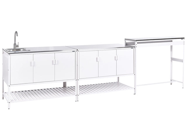 Outdoor Kitchen Cabinet White Stainless Steel 3 Door Unit with Top Garden Kitchen Dining Beliani