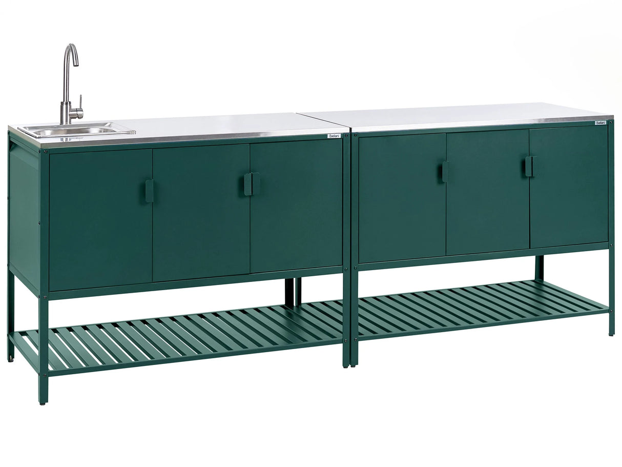 Outdoor Kitchen Cabinet Green Stainless Steel 3 Door Unit with Top Garden Kitchen Dining Beliani