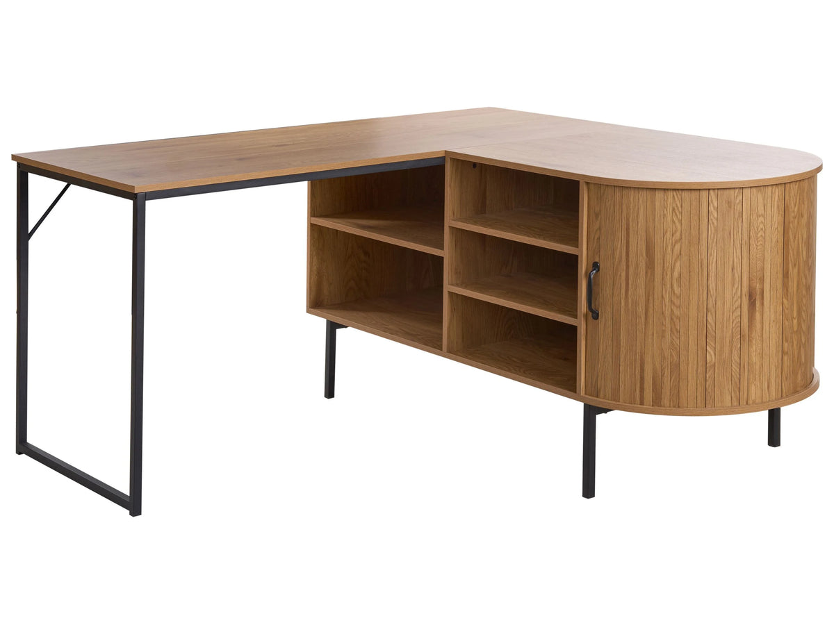 Home Corner Office Desk Light Brown with Black MDF 140 x 140 cm Iron Frame with 3 Shelves Sliding Door Beliani