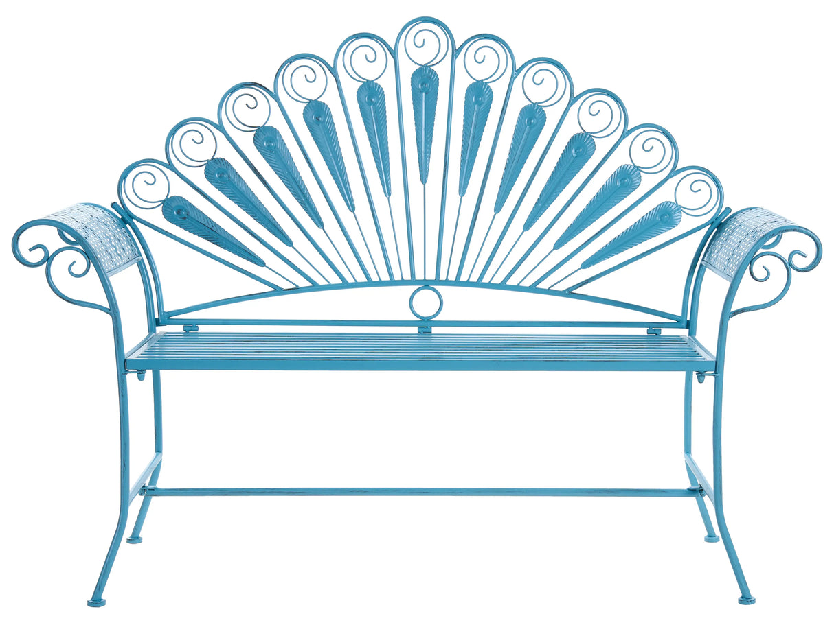 Outdoor Garden Bench Blue Metal Iron 2 Seater Armrests Peacock Motif Distressed Effect Beliani