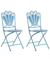 Set of 2 Garden Chairs Blue Metal Iron Frame Folding Vintage Style Outdoor Peacock Motif Distressed Effect Beliani