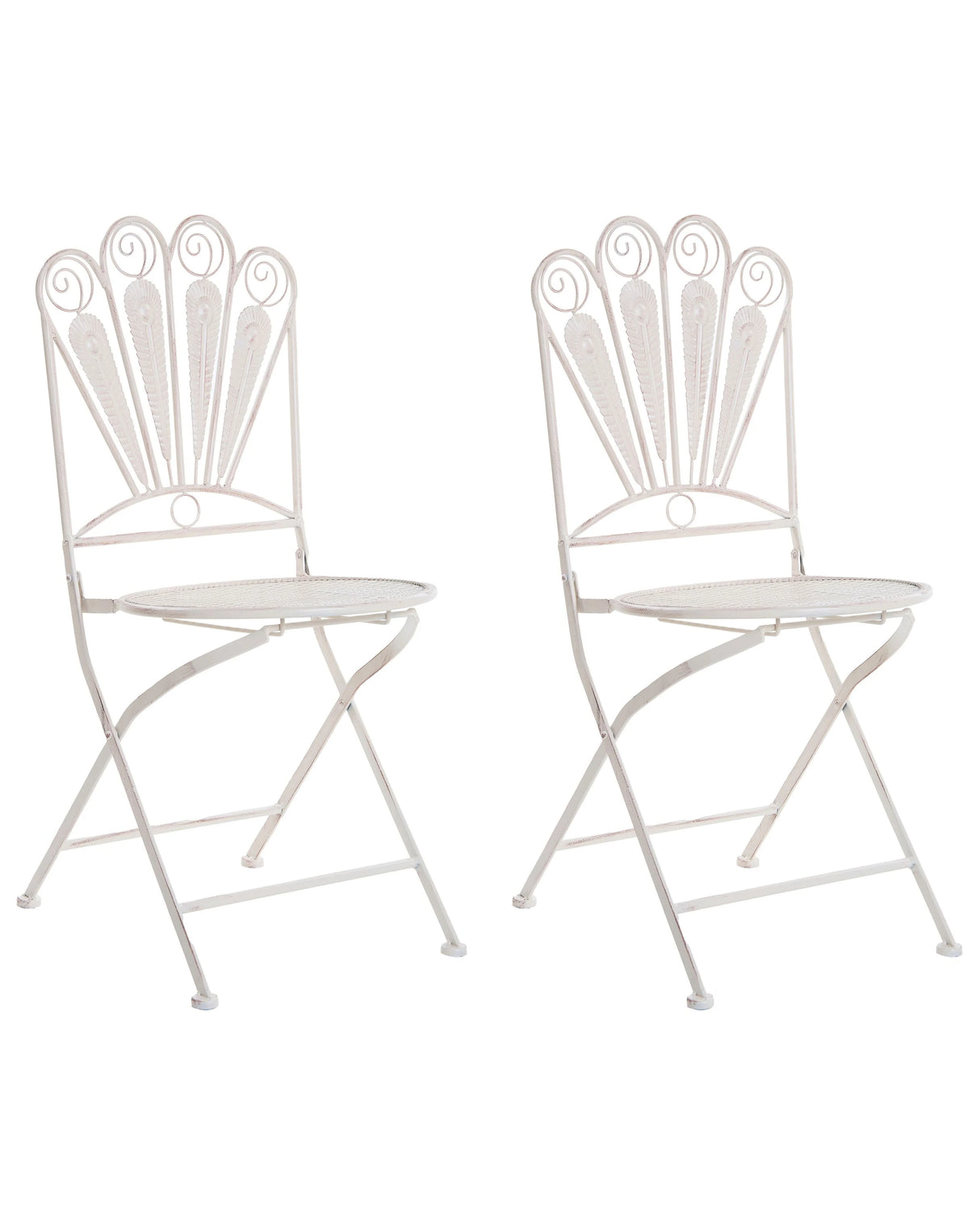 Set of 2 Garden Chairs Off-White Metal Iron Frame Folding Vintage Style Outdoor Peacock Motif Distressed Effect Beliani