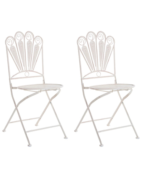 Set of 2 Garden Chairs Off-White Metal Iron Frame Folding Vintage Style Outdoor Peacock Motif Distressed Effect Beliani
