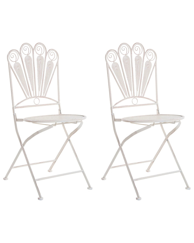 Set of 2 Garden Chairs Off-White Metal Iron Frame Folding Vintage Style Outdoor Peacock Motif Distressed Effect Beliani