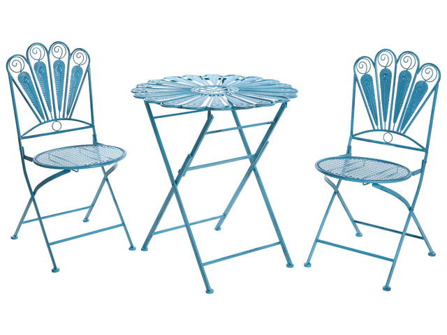 Garden Bistro Set Blue Metal Powder Coated Table and Chairs Peacock Motif Distressed Effect Beliani