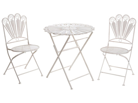Garden Bistro Set Off-White Metal Powder Coated Table and Chairs Peacock Motif Distressed Effect Beliani