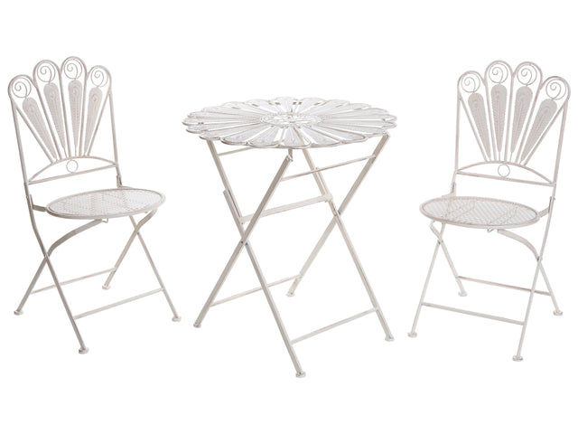 Garden Bistro Set Off-White Metal Powder Coated Table and Chairs Peacock Motif Distressed Effect Beliani