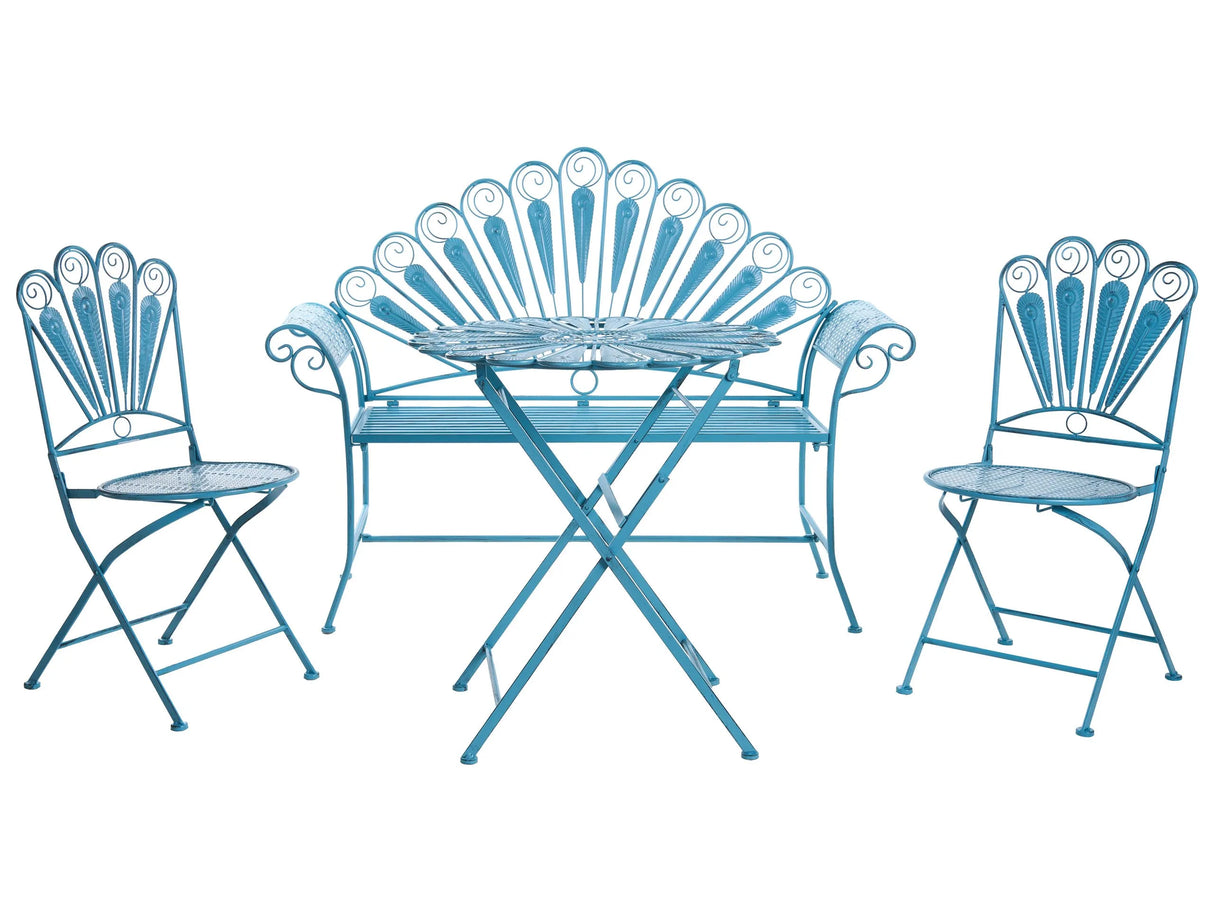 Garden Bistro Set Blue Metal Powder Coated Table Bench and Chairs Peacock Motif Distressed Effect Beliani