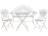 Garden Bistro Set Off-White Metal Powder Coated Table Bench and Chairs Peacock Motif Distressed Effect Beliani