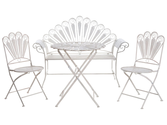 Garden Bistro Set Off-White Metal Powder Coated Table Bench and Chairs Peacock Motif Distressed Effect Beliani