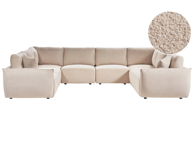 U-Shaped Corner Sofa Beige Boucle 8 Seater Modular Sectional Large Couch with Cushions Modern Living Room Beliani