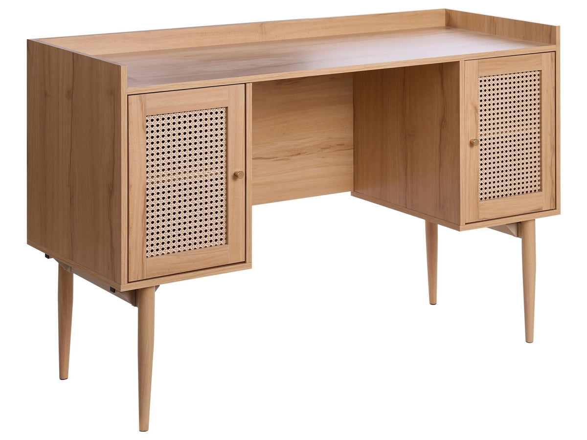 Home Office Desk MDF Light Brown PE Rattan Fronts 2 Door Storage Compartment Modern Design Beliani
