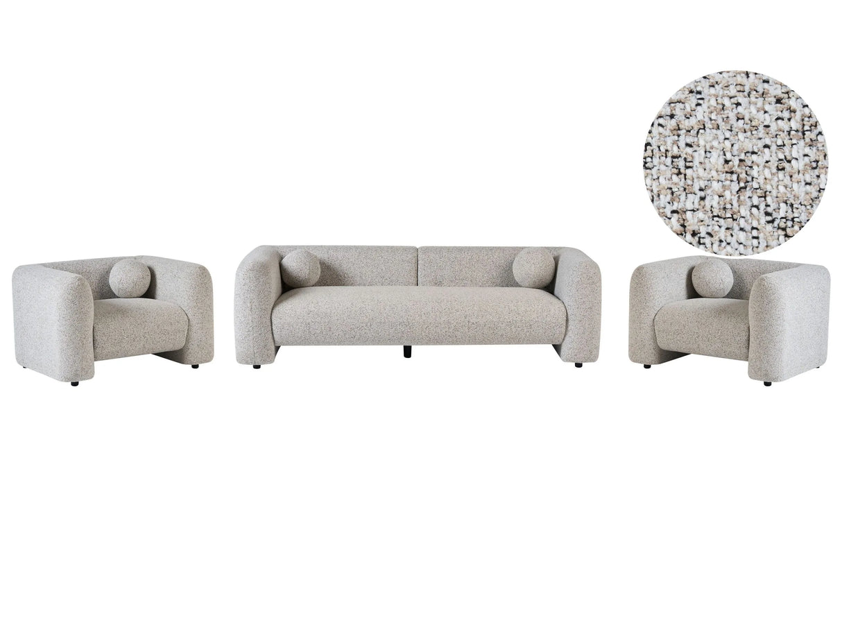 5 Seater Living Room Set Light Beige Textured Fabric Sofa Armchair with Extra Throw Cushions Retro Glam Art Decor Style Beliani