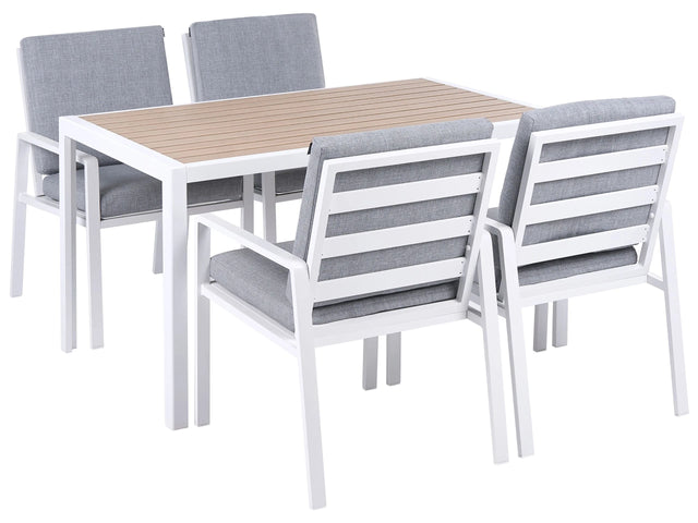 4 Piece Garden Dining Set White and Grey Table and Chairs Slatted Top with Cushions Aluminium Frame Outdoor Patio Modern Beliani