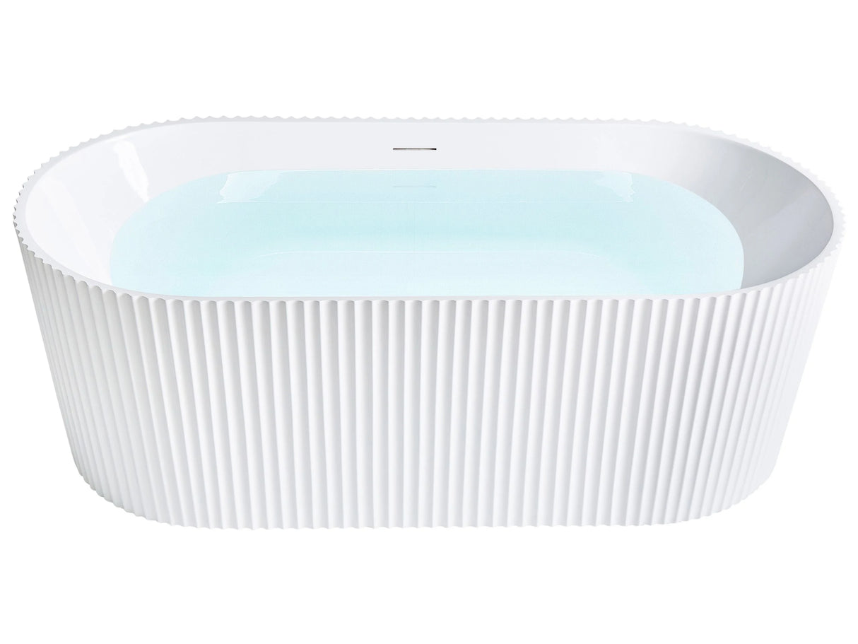 Freestanding Bath Matt White Acrylic 169 x 80 cm Oval Shape Fluted Finish Modern Style Bathroom Beliani