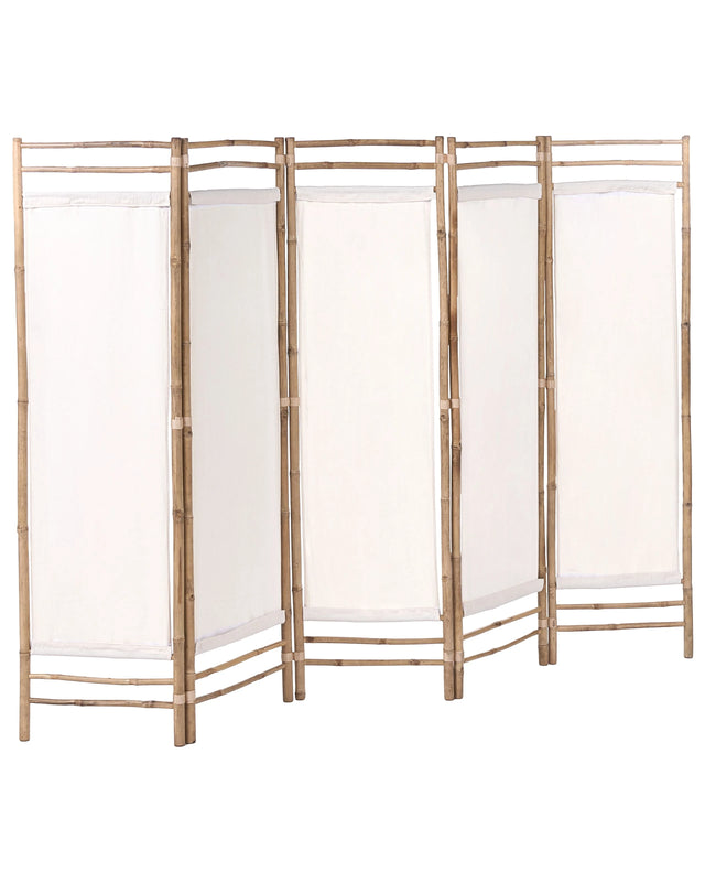 5 Panel Room Divider Light Brown Bamboo 225 x 160  Natural Wood Partition Japandi Organic Screen Bedroom Screen Beliani