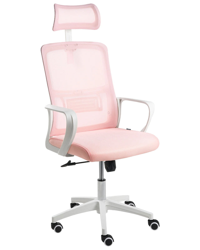 Office Chair Pastel Pink Mesh Swivel Base Adjustable Height Headrest Home Office Beliani