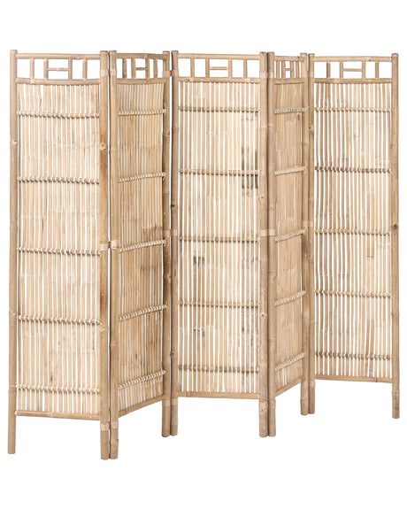5 Panel Room Divider Light Brown Bamboo 205 x 160  Natural Wood Partition Japandi Organic Screen Bedroom Screen Beliani