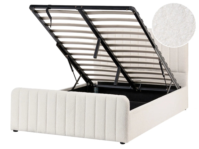 Ottoman Bed White Boucle Upholstered EU Small Double Size With Headboard and Footboard Lift- Up Storage Beliani