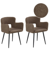 Set of 2 Chairs Dining Chair Brown Teddy Boucle with Armrests Cut-Out Backrest Black Metal Legs Beliani