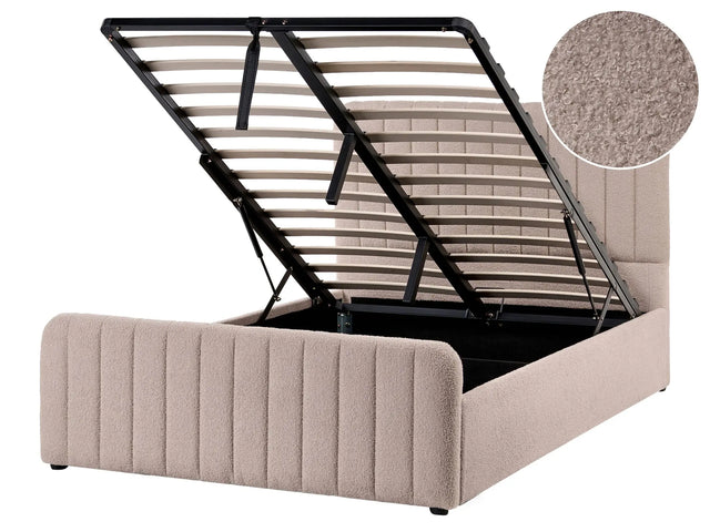 Ottoman Bed Beige Boucle Upholstered EU Small Double Size With Headboard and Footboard Lift- Up Storage Beliani