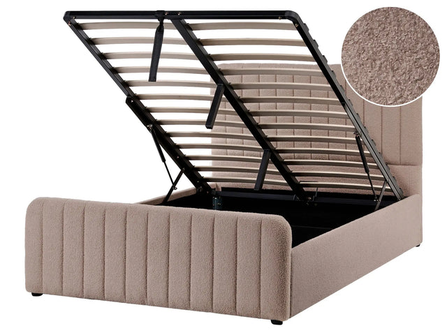 Ottoman Bed Taupe Boucle Upholstered EU Small Double Size With Headboard and Footboard Lift- Up Storage Beliani