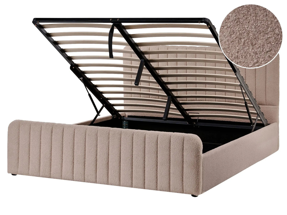 Ottoman Bed Taupe Boucle EU King Size 5ft3 Tufted Headboard Metal Legs Modern Design Beliani