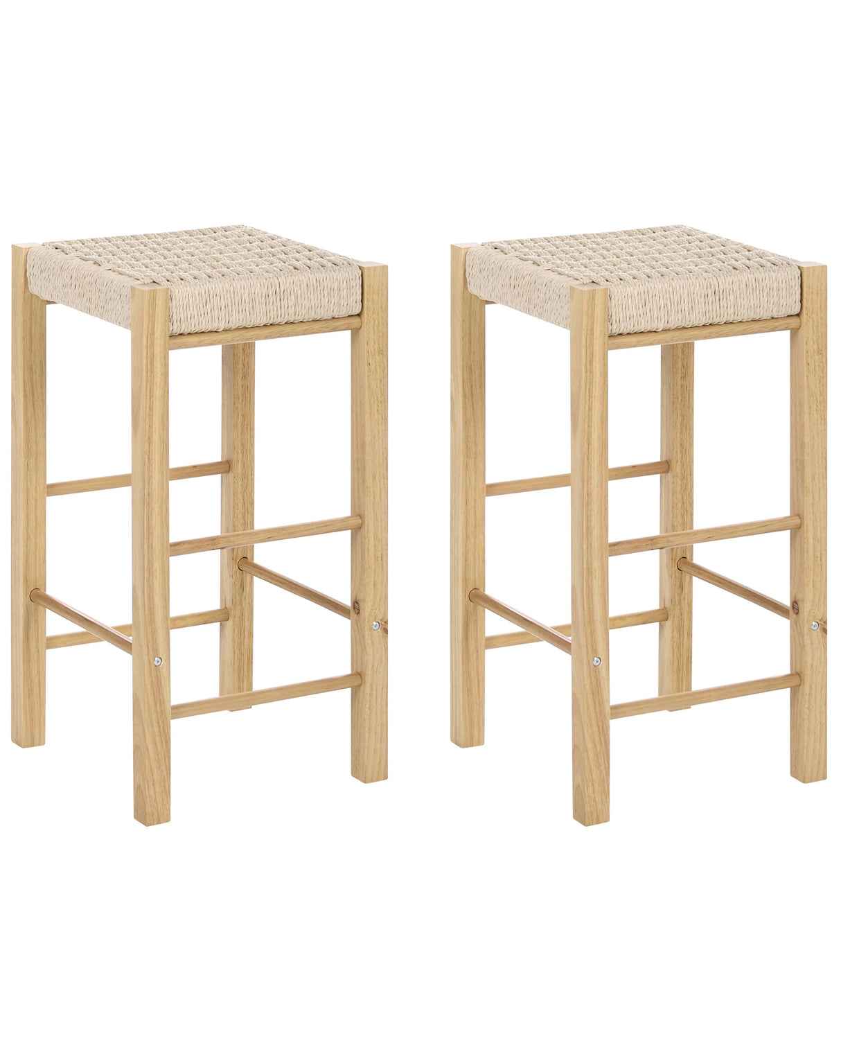 Set of 2 Bar Stools Light Brown Rubber Wood Woven Seat Boho Style Kitchen Dining Room Beliani