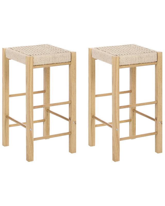 Set of 2 Bar Stools Light Brown Rubber Wood Woven Seat Boho Style Kitchen Dining Room Beliani