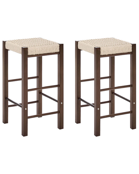 Set of 2 Bar Stools Dark Brown Rubber Wood Woven Seat Boho Style Kitchen Dining Room Beliani