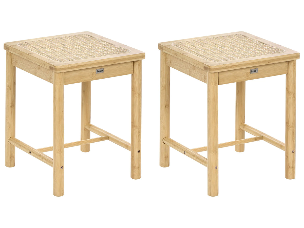 Set of 2 Stools Light Brown Bamboo Wood PE Rattan Woven Seat Boho Style Kitchen Dining Room Beliani