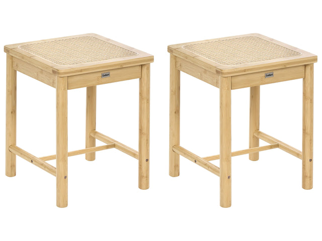 Set of 2 Stools Light Brown Bamboo Wood PE Rattan Woven Seat Boho Style Kitchen Dining Room Beliani
