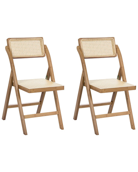 Set of 2 Dining Chairs Brown Bamboo Wood PE Rattan Folding Boho Style Kitchen Dining Room Beliani