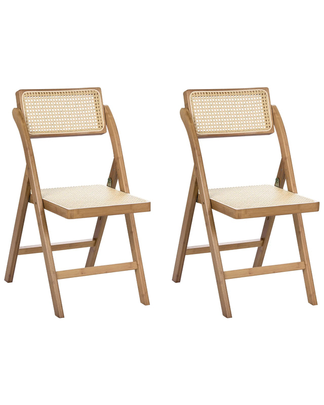 Set of 2 Dining Chairs Brown Bamboo Wood PE Rattan Folding Boho Style Kitchen Dining Room Beliani
