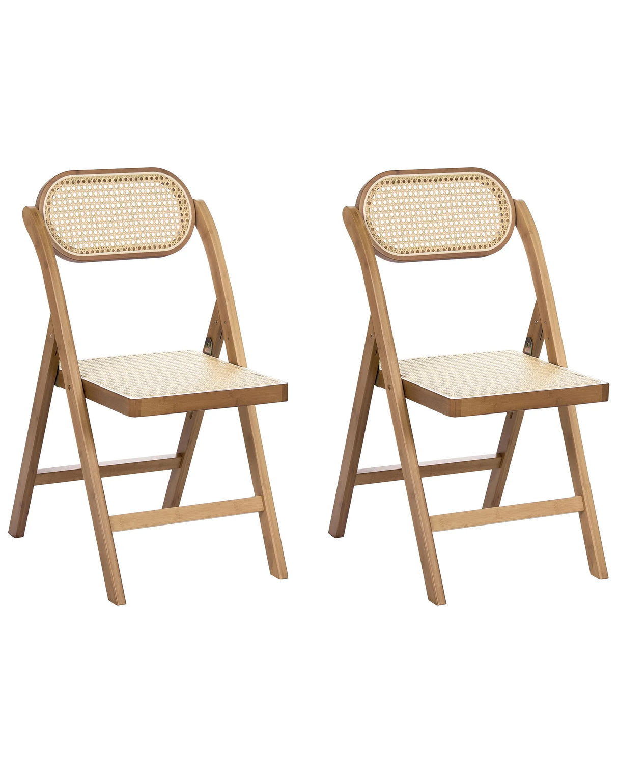 Set of 2 Dining Chairs Brown Bamboo Wood PE Rattan Folding Boho Style Kitchen Dining Room Beliani