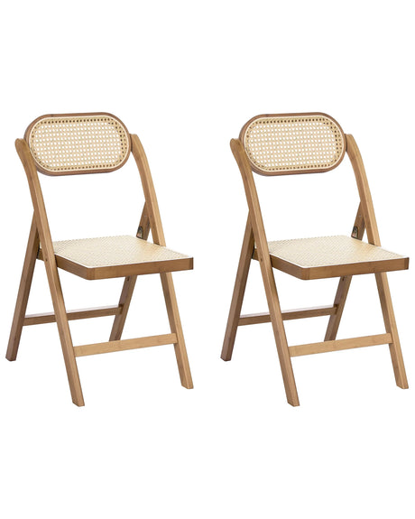 Set of 2 Dining Chairs Brown Bamboo Wood PE Rattan Folding Boho Style Kitchen Dining Room Beliani