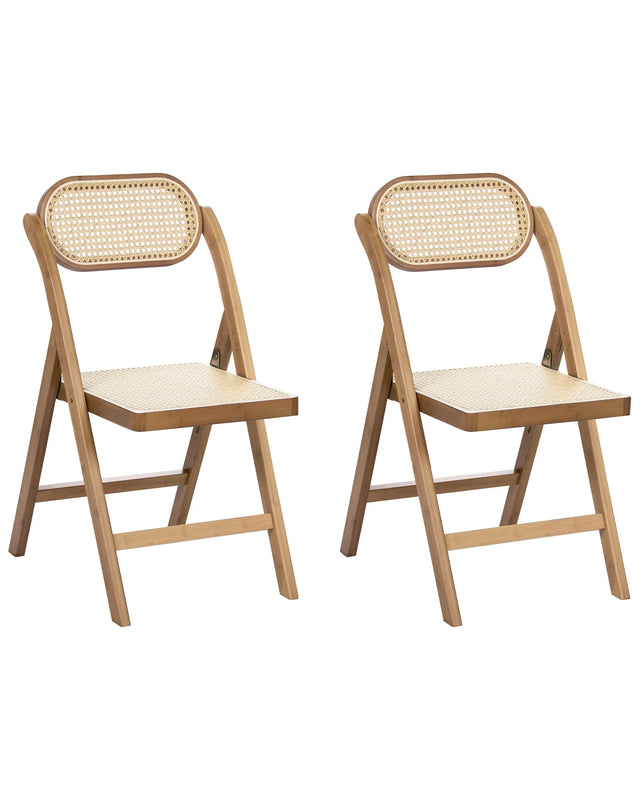 Set of 2 Dining Chairs Brown Bamboo Wood PE Rattan Folding Boho Style Kitchen Dining Room Beliani