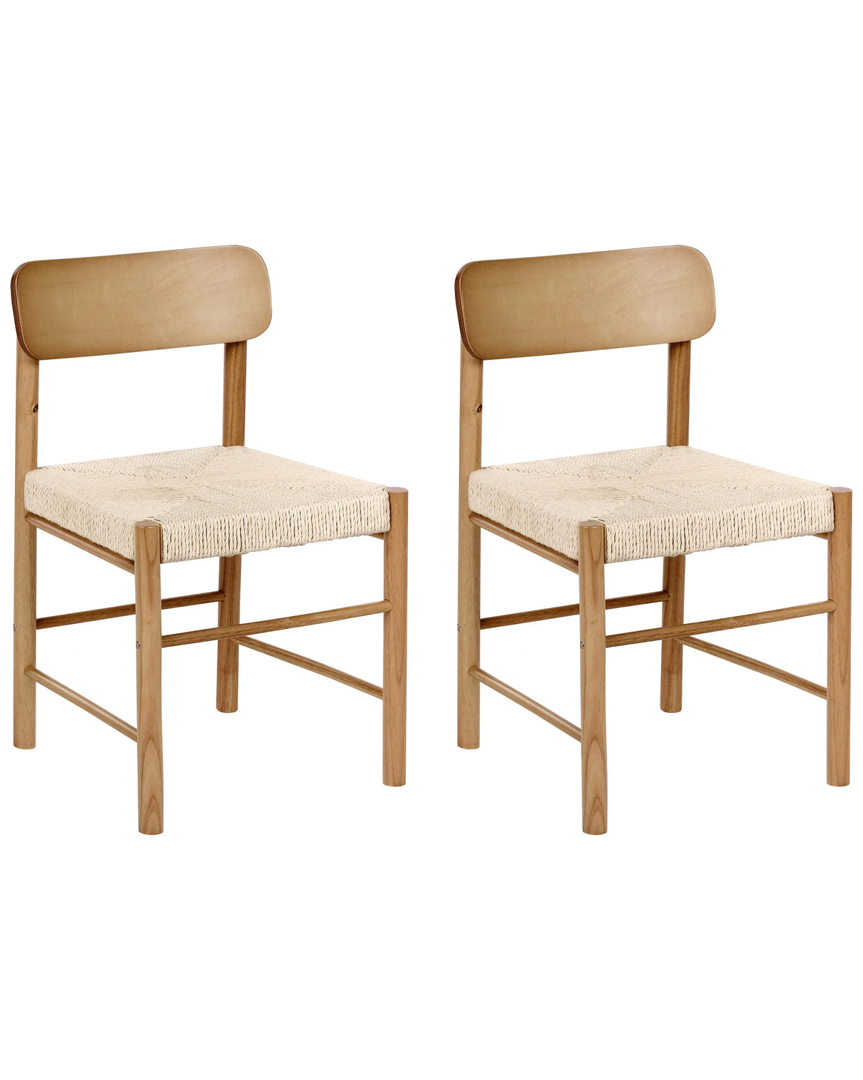 Set of 2 Dining Chairs Brown Rubberwood Paper Rope Woven Seat Boho Style Kitchen Dining Room Beliani