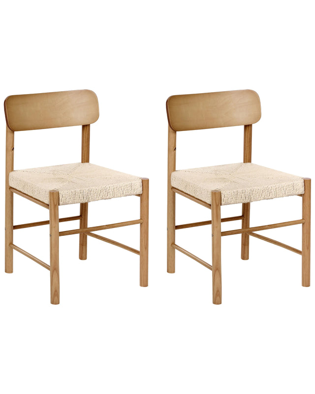 Set of 2 Dining Chairs Brown Rubberwood Paper Rope Woven Seat Boho Style Kitchen Dining Room Beliani