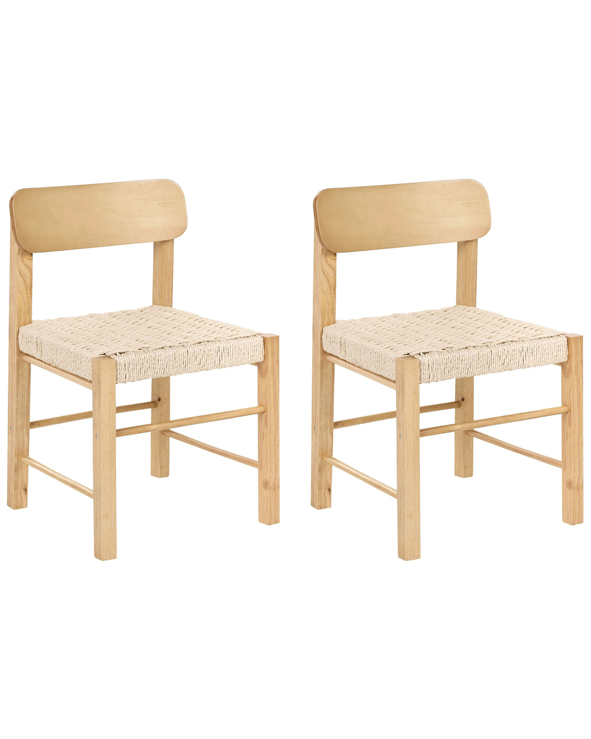 Set of 2 Dining Chairs Light Brown Rubberwood Paper Rope Woven Seat Boho Style Kitchen Dining Room Beliani
