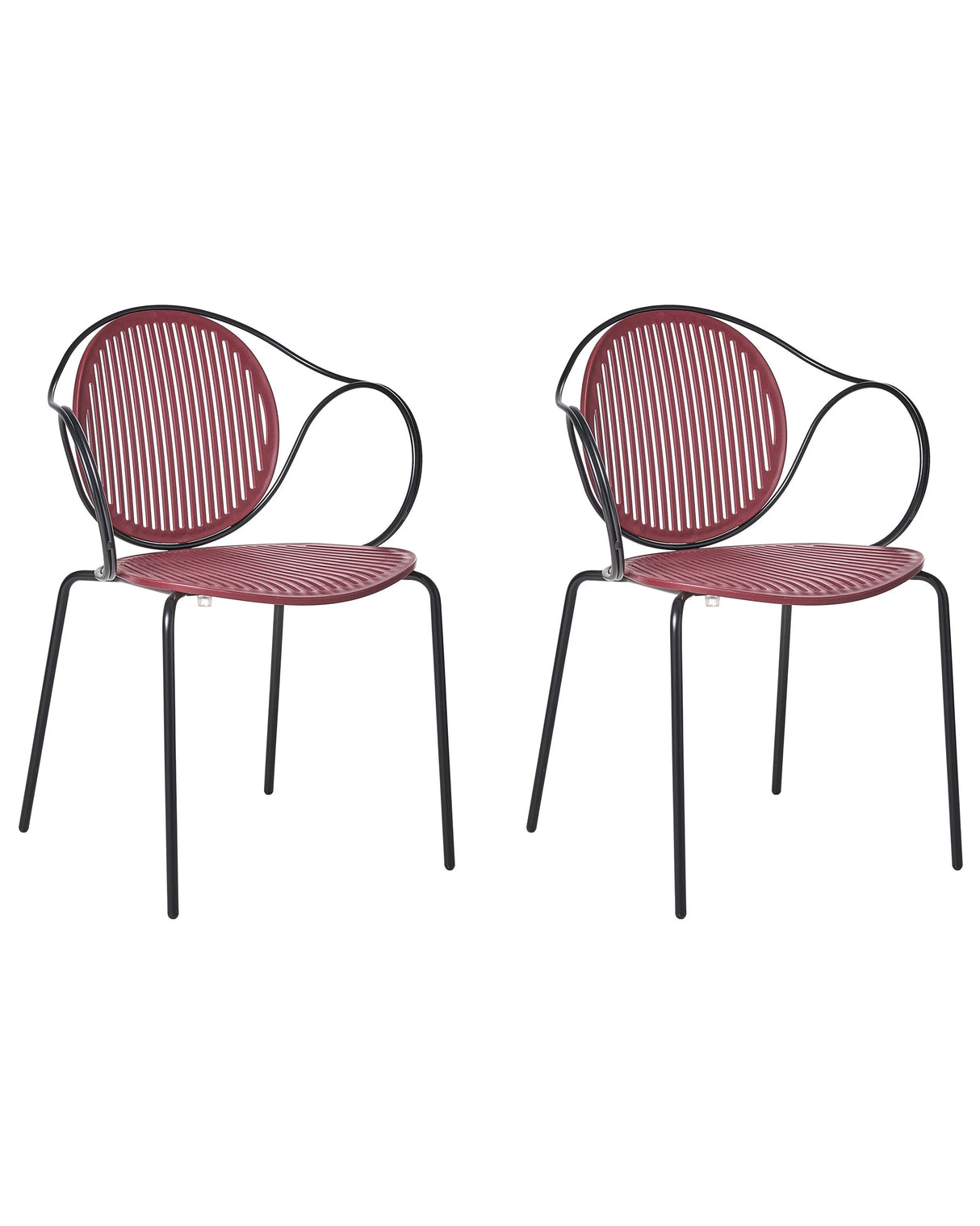 Set of 2 Garden Chairs Red and Black Steel Frame Stackable Ribbed Back Outdoor Patio Modern Beliani